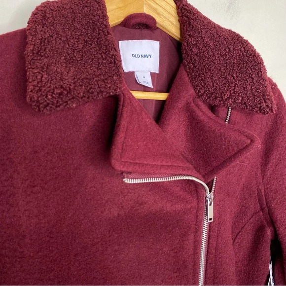 ✨NWT Old Navy Wine Red Long Brushed Felt Sherpa Collar Moto Jacket Coat Medium - Picture 6 of 12